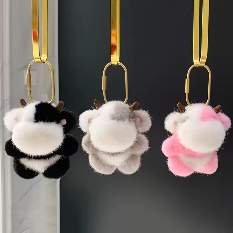 Cute Real Mink Fur Keychain Cow Stuffed Key Chain Bag Charm Pendant Kids Plush Toy Ornament Car Keyring Trinkets Jewelry Gifts
