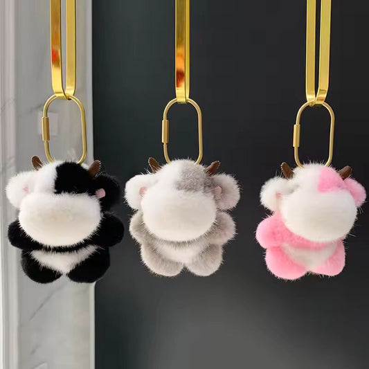 Cute Real Mink Fur Keychain Cow Stuffed Key Chain Bag Charm Pendant Kids Plush Toy Ornament Car Keyring Trinkets Jewelry Gifts