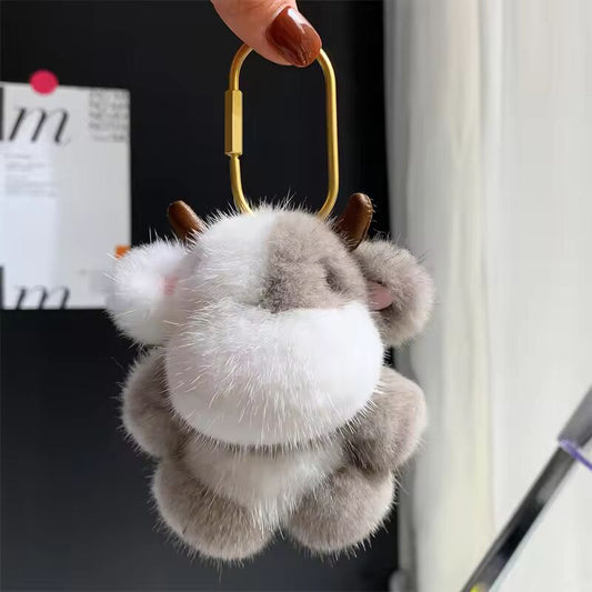 Cute Real Mink Fur Keychain Cow Stuffed Key Chain Bag Charm Pendant Kids Plush Toy Ornament Car Keyring Trinkets Jewelry Gifts